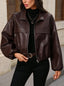 Women's cropped faux leather jacket with spread collar in brown