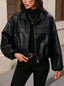 Women's cropped faux leather jacket with spread collar in black