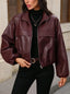 Women's cropped faux leather jacket with spread collar in burgundy