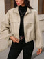 Women's cropped faux leather jacket with spread collar in milk white