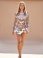 Women's Crystal Mirror Panel Mini Dress with Sheer Mesh Long Sleeves