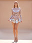 Women's Crystal Mirror Panel Mini Dress with Sheer Mesh Long Sleeves