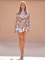 Women's Crystal Mirror Panel Mini Dress with Sheer Mesh Long Sleeves
