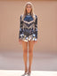 Women's Crystal Mirror Panel Mini Dress with Sheer Mesh Long Sleeves, black
