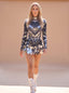 Women's Crystal Mirror Panel Mini Dress with Sheer Mesh Long Sleeves