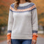 Women's Fair Isle Nordic Pattern Crew Neck Knit Sweater in gray