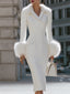 Women's Faux Fur Trimmed Knit Midi Dress with Shawl Collar and Long Sleeves in white