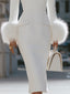 Women's Faux Fur Trimmed Knit Midi Dress with Shawl Collar and Long Sleeves