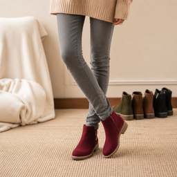 Women's faux shearling lined ankle boots in burgundy