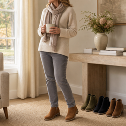 Brown ankle boots styled with a cream knit at home