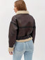 Coffee brown moto jacket shown from the front