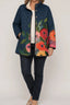 Women's quilted puffer jacket in navy rose bouquet print