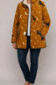 Women's quilted puffer jacket in mustard cat and star print