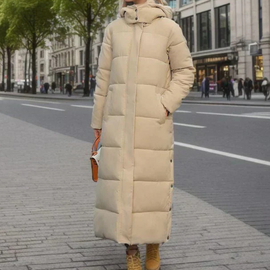 Women's full length maxi puffer coat in khaki