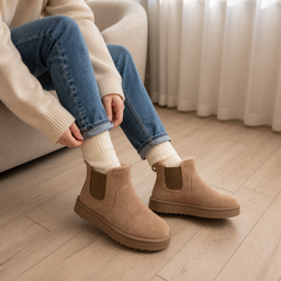 Women's fur lined slip on winter boots in khaki tan
