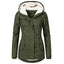 Army green parka with the hood up