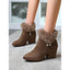 Brown fur trimmed ankle boots worn with jeans