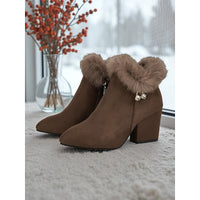 Women's fur trimmed block heel ankle boots in brown