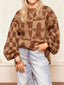 Women's Gingerbread Christmas Sweater with Checkered Knit and Balloon Sleeves in light brown