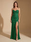 Women's Glitter Sequin Maxi Dress with Sweetheart Neck and Thigh Slit, green