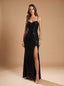Women's Glitter Sequin Maxi Dress with Sweetheart Neck and Thigh Slit, black