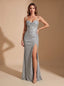 Women's Glitter Sequin Maxi Dress with Sweetheart Neck and Thigh Slit, silver