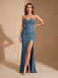 Women's Glitter Sequin Maxi Dress with Sweetheart Neck and Thigh Slit, blue