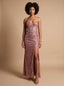 Women's Glitter Sequin Maxi Dress with Sweetheart Neck and Thigh Slit, pink