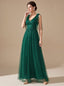 Women's Glitter Tulle A-Line Maxi Dress with V-Neck and Tie Shoulders