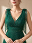 Women's Glitter Tulle A-Line Maxi Dress with V-Neck and Tie Shoulders