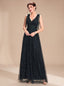 Women's Glitter Tulle A-Line Maxi Dress with V-Neck and Tie Shoulders, black