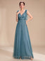 Women's Glitter Tulle A-Line Maxi Dress with V-Neck and Tie Shoulders, light blue