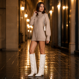 Women's gold buckle knee high boots in apricot