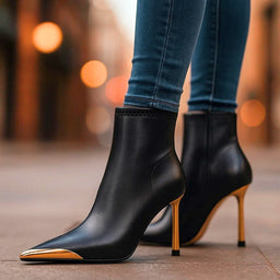 Black stiletto ankle boots worn with jeans at night