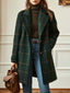 Women's green plaid wool blend long coat, front view