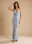 Women's Halter Cowl Neck Sequin Maxi Dress with Open Back, blue