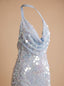 Women's Halter Cowl Neck Sequin Maxi Dress with Open Back