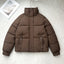 Women's high stand collar short padded puffer jacket in brown