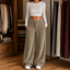 Women's High-Waisted Stretch Waist Wide-Leg Pull-On Pants with Pockets in khaki