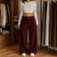 Women's High-Waisted Stretch Waist Wide-Leg Pull-On Pants with Pockets in burgundy