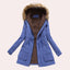Women's hooded faux fur trim parka jacket in blue