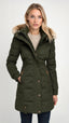 Women's hooded parka puffer coat with faux fur trim in olive green