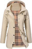 Women's hooded raincoat with check fleece lining in beige