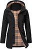 Black raincoat showing the check fleece lining