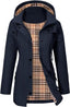 Navy raincoat showing the check fleece lining