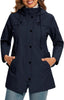 Women's hooded raincoat with check fleece lining in navy blue