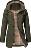 Women's hooded raincoat with check fleece lining in olive green
