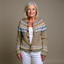 Women's Icelandic fair isle knit cardigan in camel brown, front view