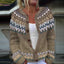 Close-up of the zigzag fair isle yoke on the camel brown cardigan