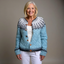 Women's Icelandic fair isle knit cardigan in denim blue, front view